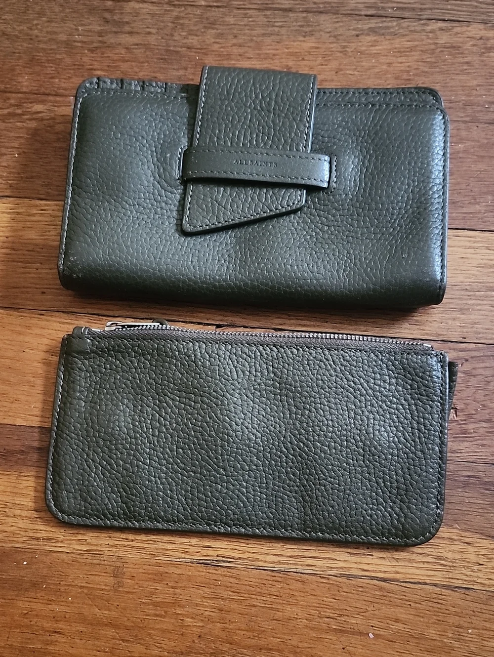 All Saints Olive Green Pebbled Leather Wallet Duo